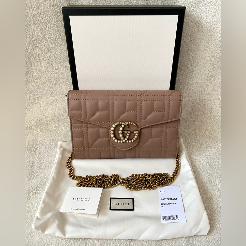 NEW GUCCI Calfskin Matelasse Pearly GG Marmont Wallet on Chain - Porcelain Rose